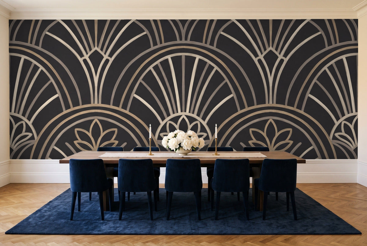 Black Art Deco Mural in a dining room