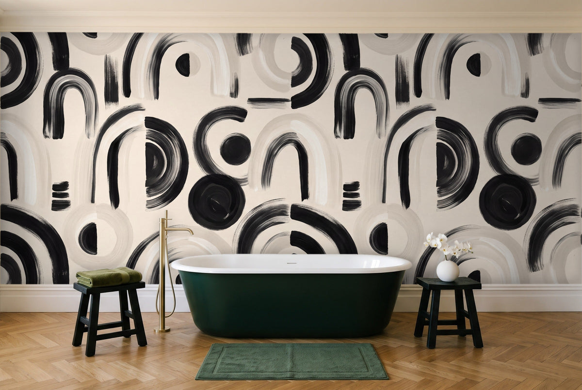 Black And White Arch Geometric Mural in a bathroom