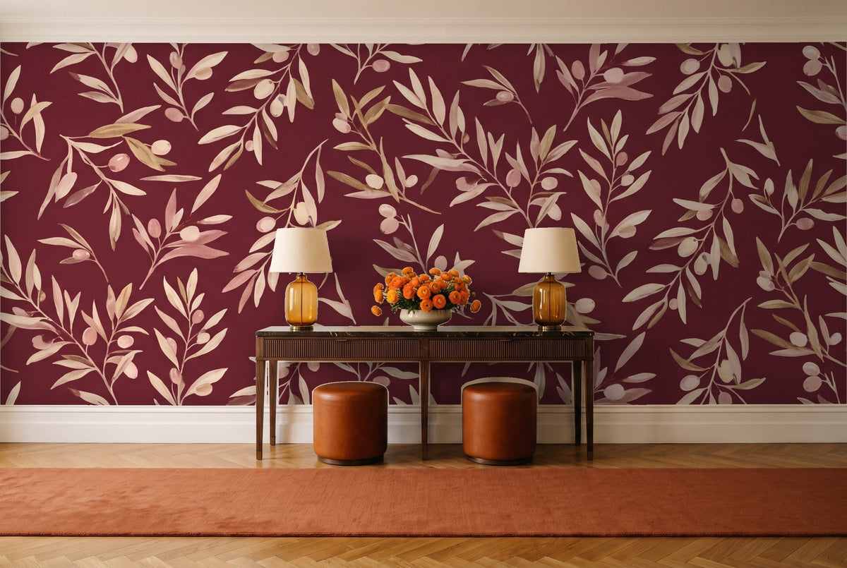 Burgundy Olive Branch Botanical Mural in an entryway