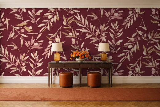 Burgundy Olive Branch Botanical Mural