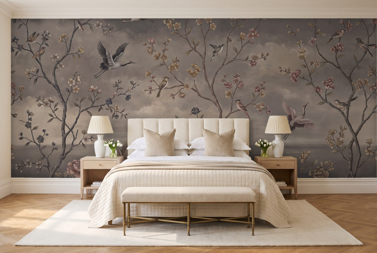 Charcoal Chinoiserie Garden Chinoiserie Mural in a bedroom