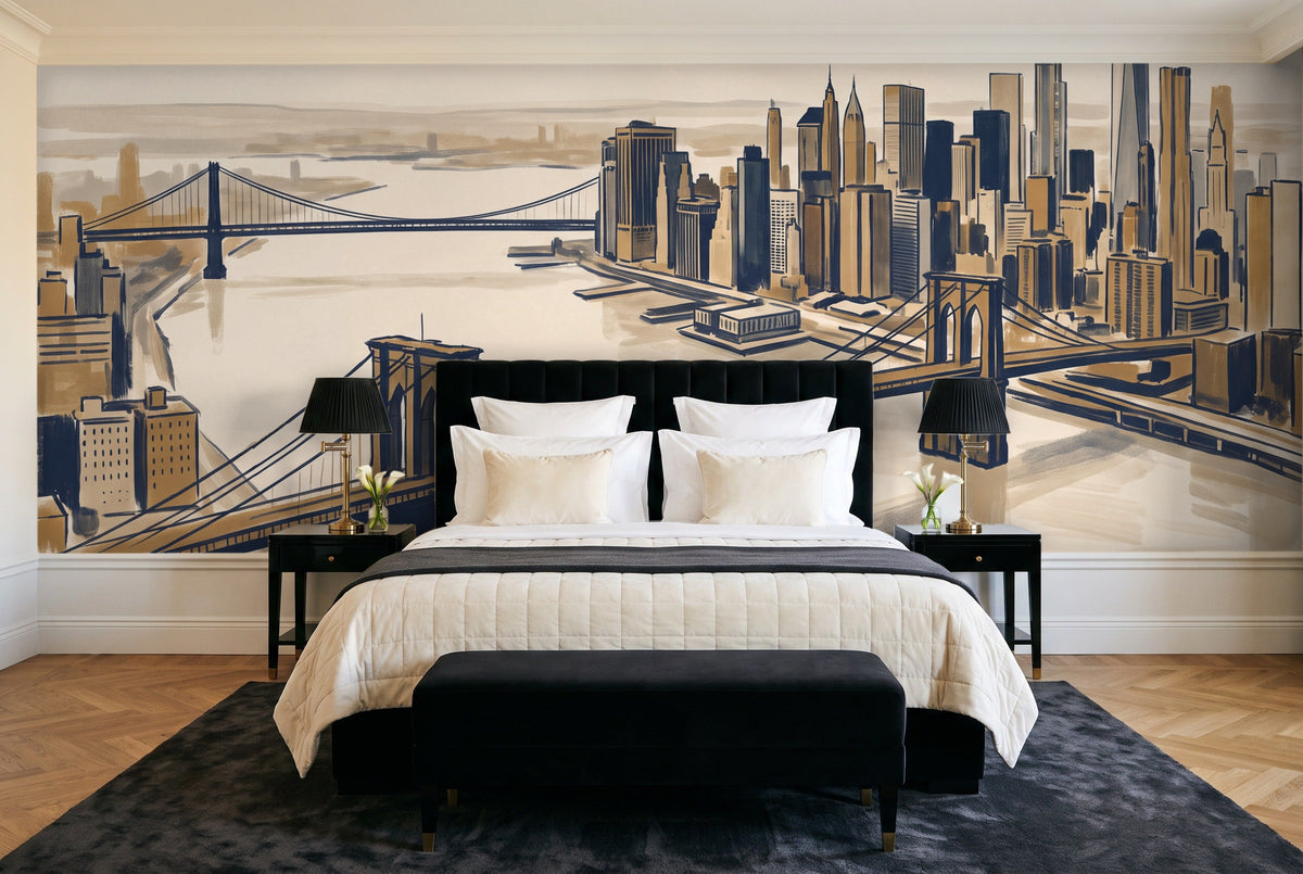 Blue And Gold New York Cityscape Mural in a bedroom