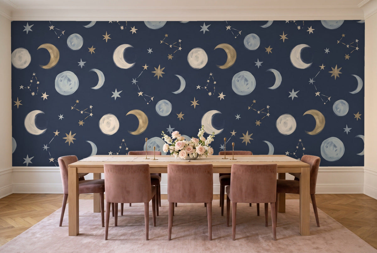 Navy Moon Celestial Mural in a dining room