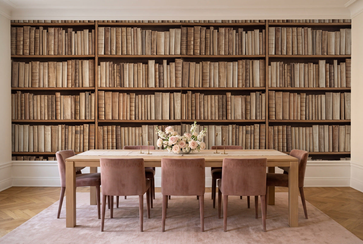 Beige Bookshelf Library Mural in a dining room