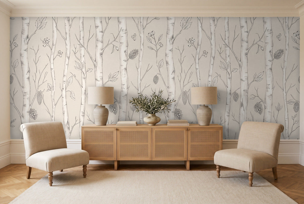 White Birch Botanical Mural in a living room