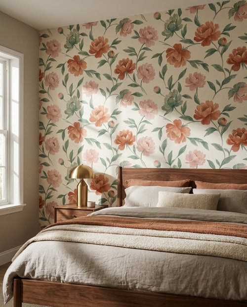 Blush Peony Floral Mural on a feature wall