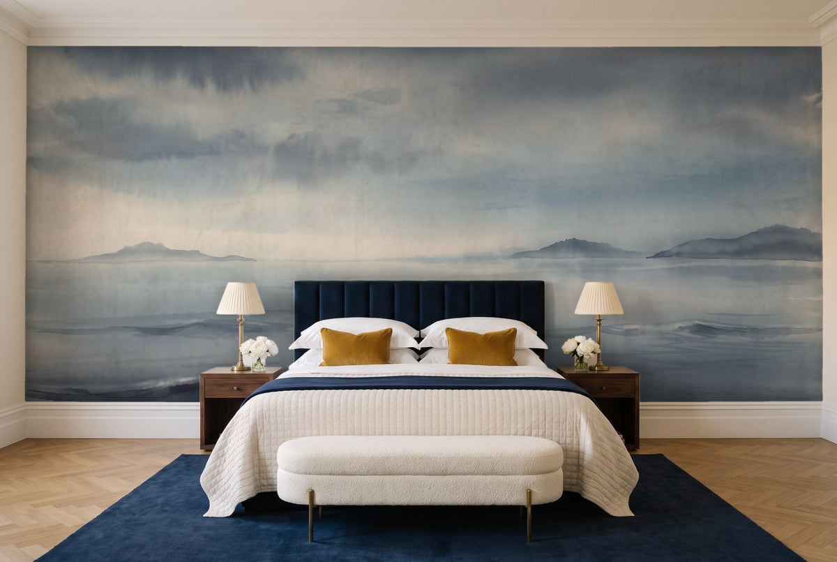 Navy Ocean Landscape Mural in a bedroom