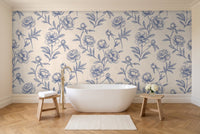 Blue And White Peony Floral Mural in a bathroom