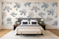 Blue And Grey Hydrangea Floral Mural in a bedroom