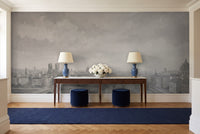 Grey City Cityscape Mural in an entryway