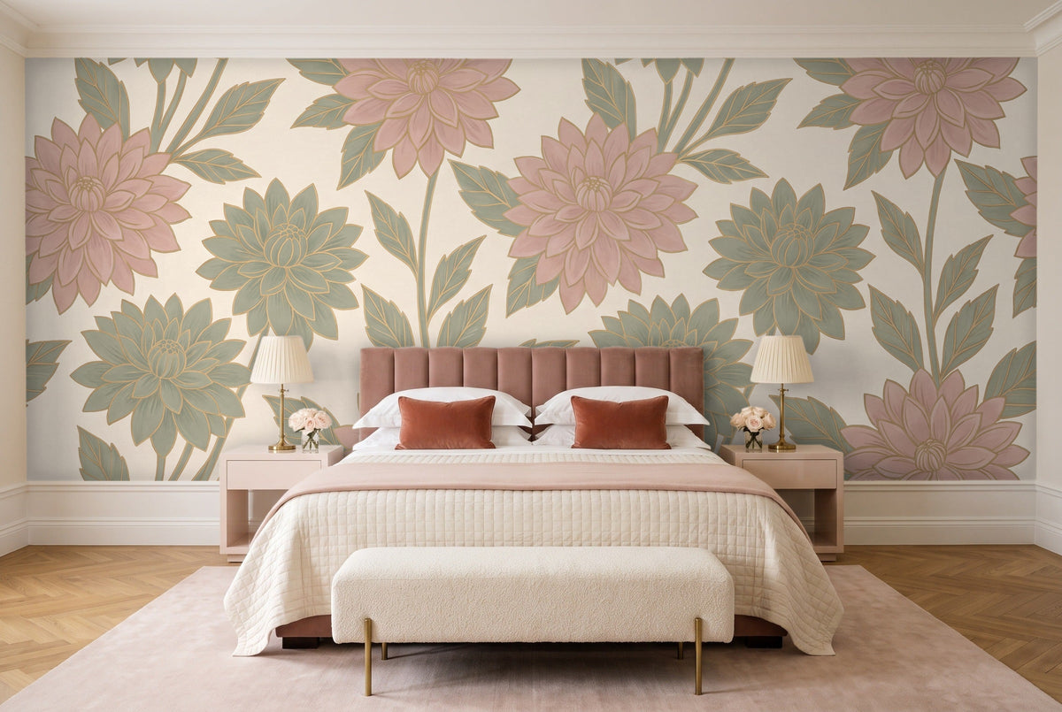 Green And Pink Dahlia Floral Mural in a bedroom