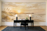Ochre Beach Sunset Landscape Mural in a home office