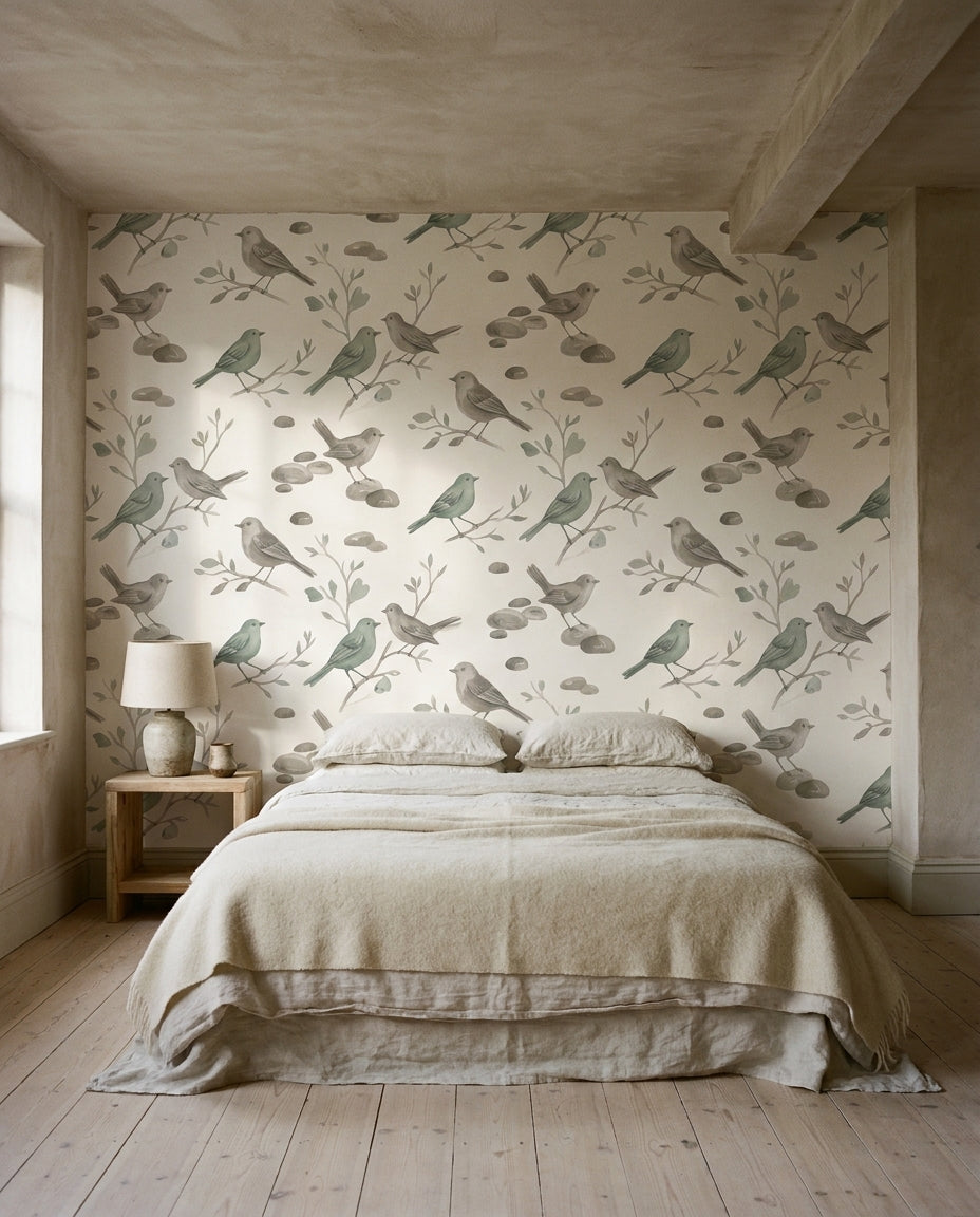 Sage Songbird Animal Mural on a feature wall