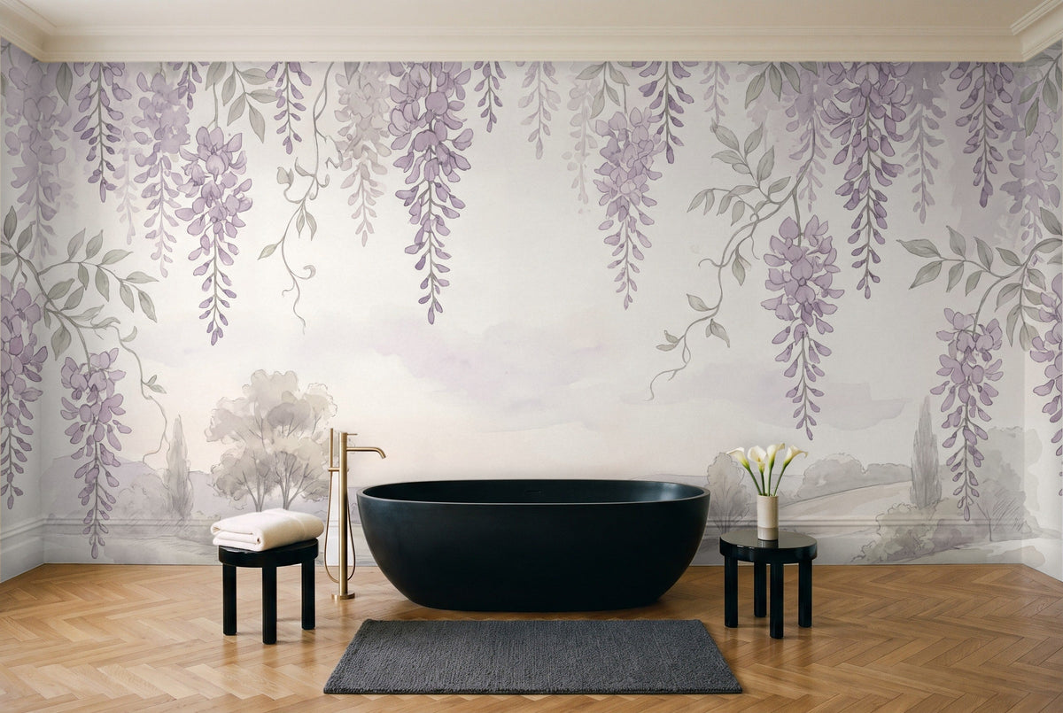 Lilac Wisteria Floral Mural in a bathroom
