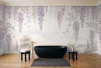 Lilac Wisteria Floral Mural in a bathroom
