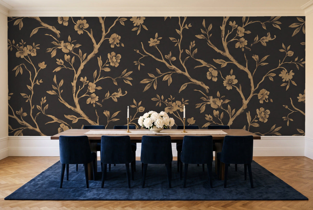 Black And Gold Birch Botanical Mural in a dining room