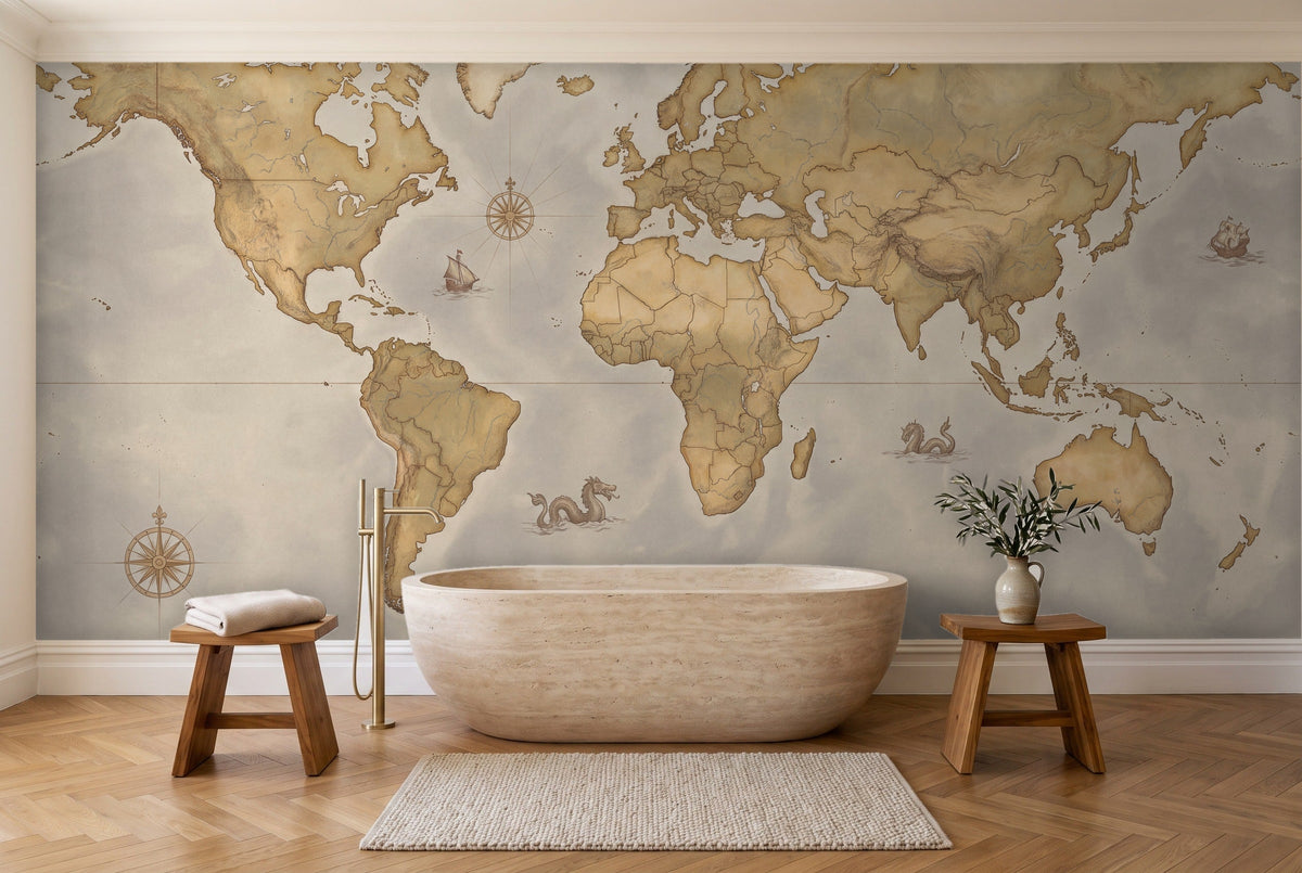 Ochre World Map Map Mural in a bathroom