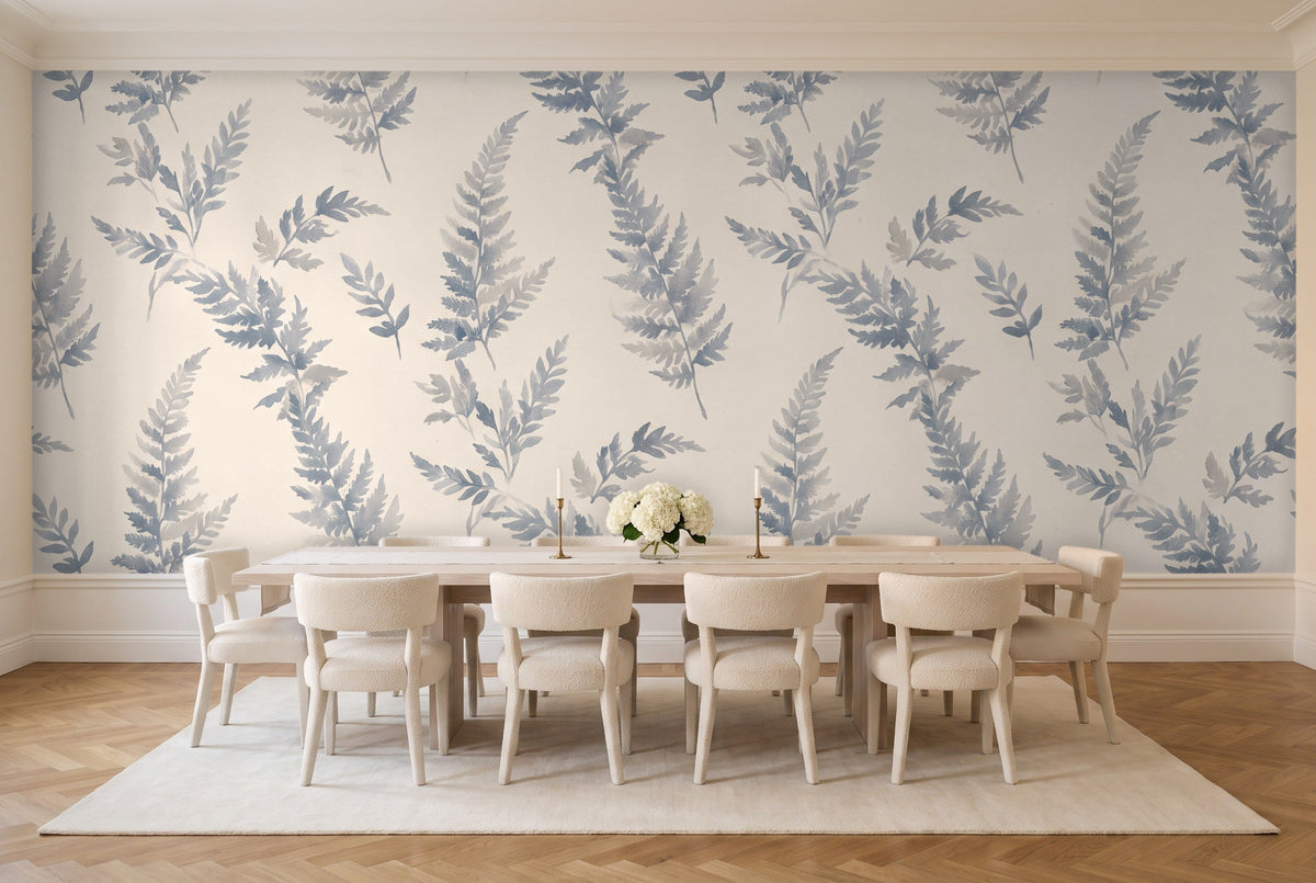 Blue And Grey Fern Botanical Mural in a dining room