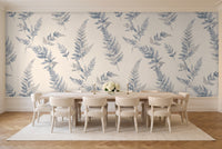 Blue And Grey Fern Botanical Mural in a dining room