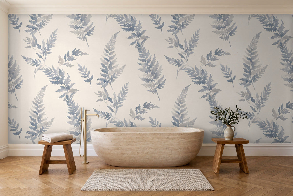 Blue And Grey Fern Botanical Mural in a bathroom