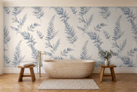 Blue And Grey Fern Botanical Mural in a bathroom