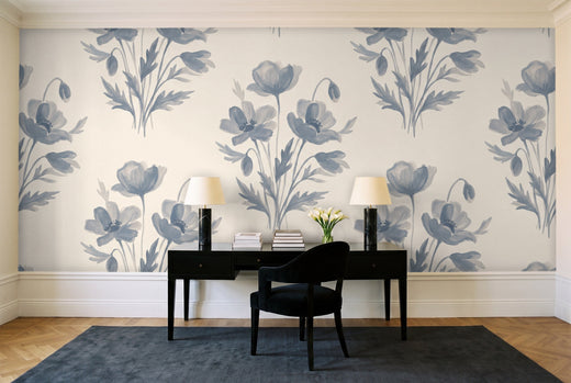 Blue And Grey Poppy Floral Mural