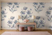 Blue And Grey Poppy Floral Mural in an entryway