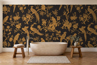 Black And Gold Parrot Animal Mural in a bathroom