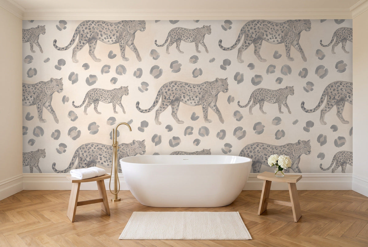 Grey Leopard Animal Mural in a bathroom