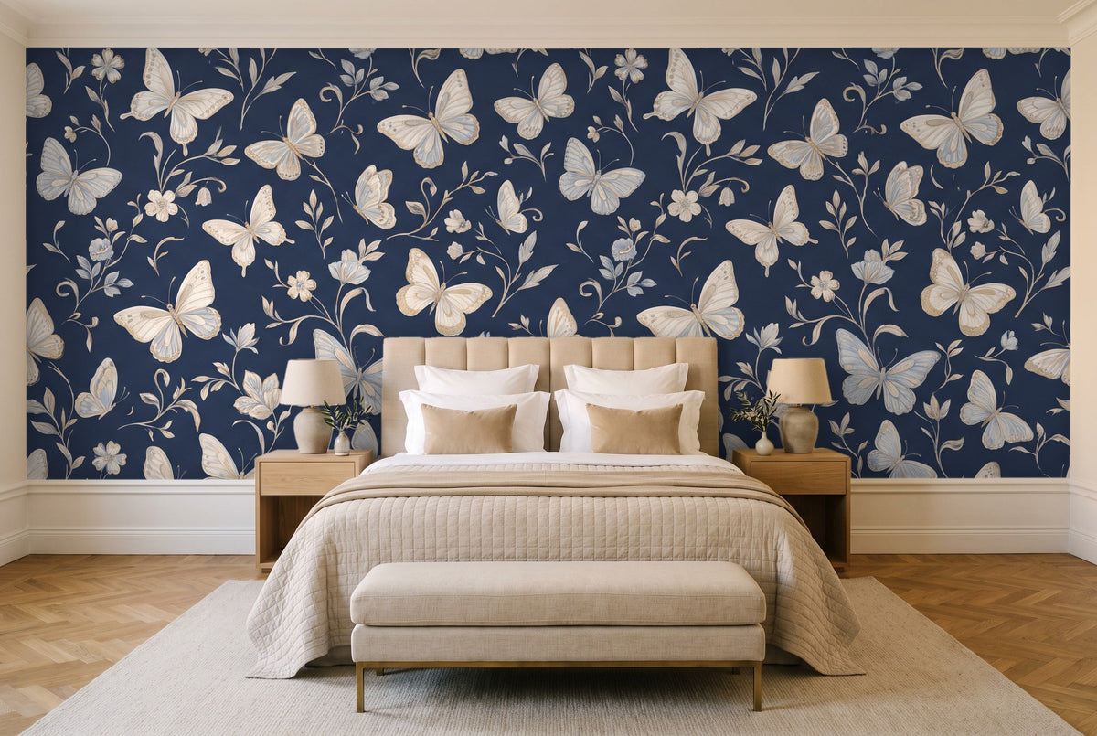Navy Butterfly Mural in a bedroom
