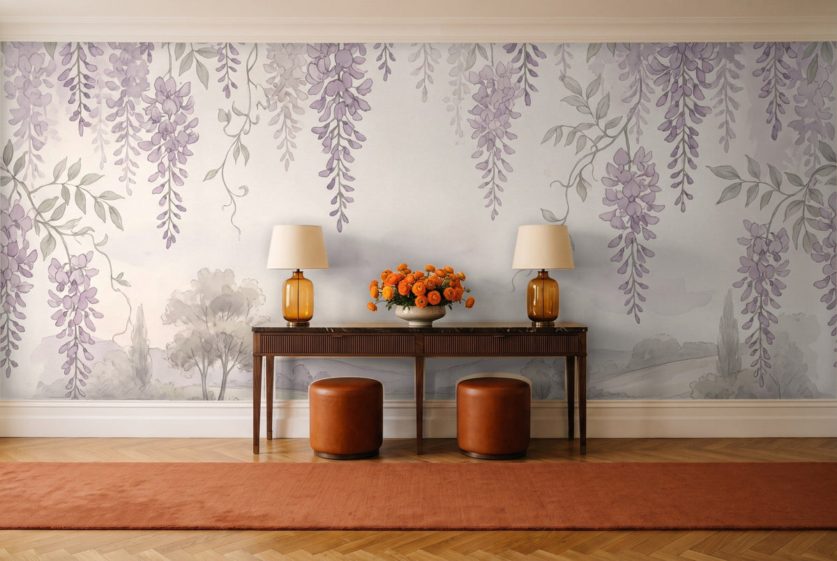 Lilac Wisteria Floral Mural in an entryway
