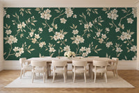 Emerald Cherry Blossom Floral Mural in a dining room