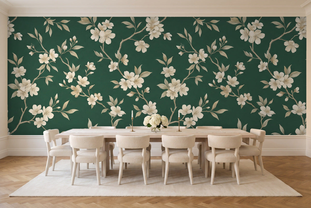 Emerald Cherry Blossom Floral Mural