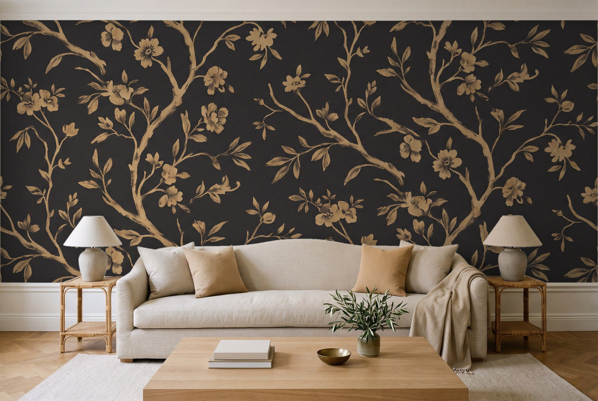 Black And Gold Birch Botanical Mural in a living room