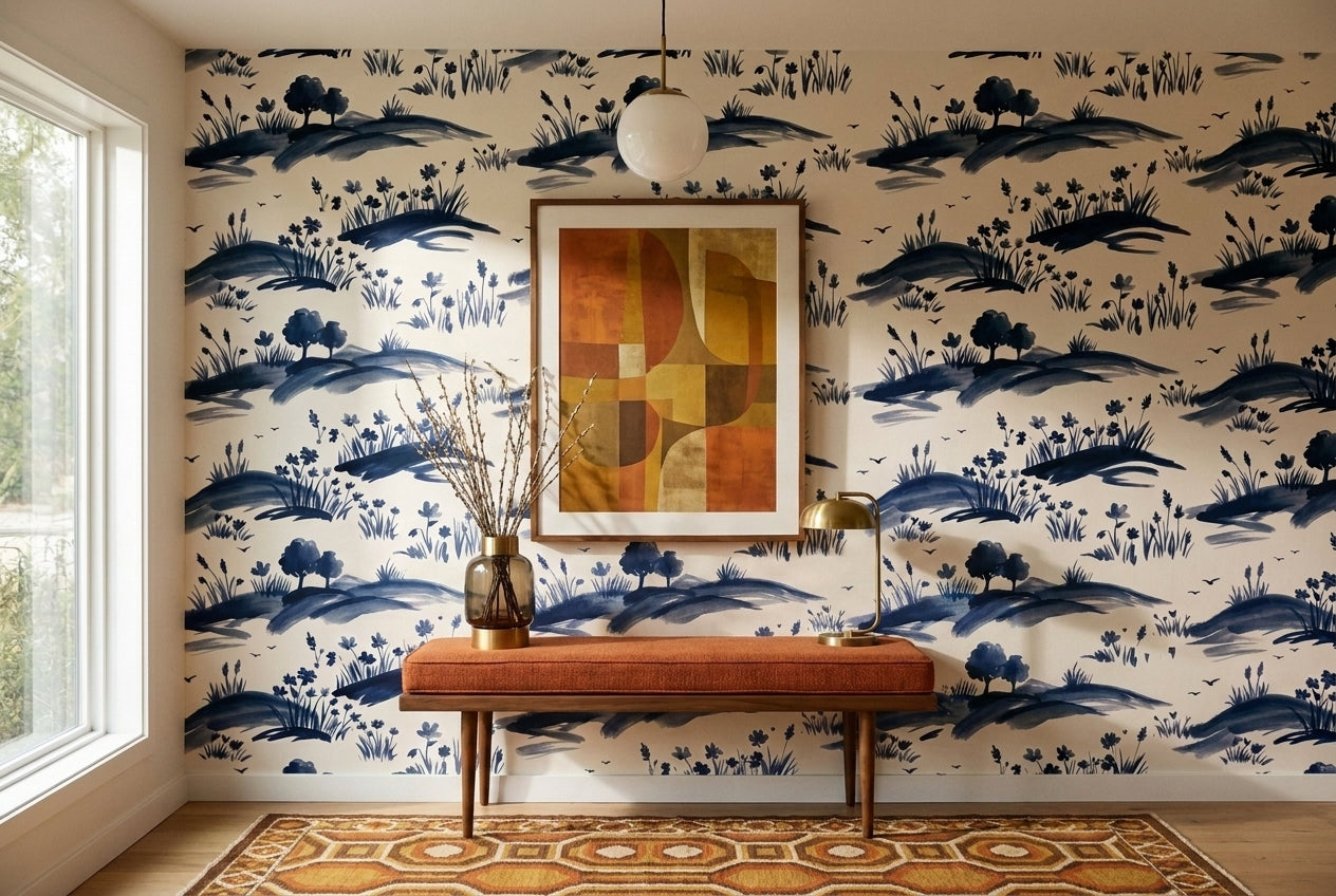 Navy Meadow Landscape Mural in an interior