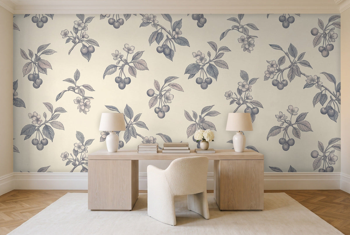 Blue And Grey Cherry Botanical Mural in a home office