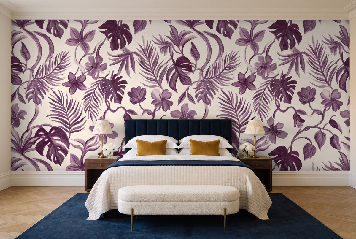 Purple Jungle Tropical Mural in a bedroom