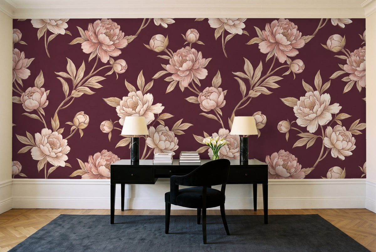 Burgundy Peony Floral Mural in a home office