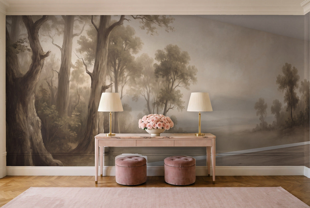 Beige Forest Landscape Mural in an entryway