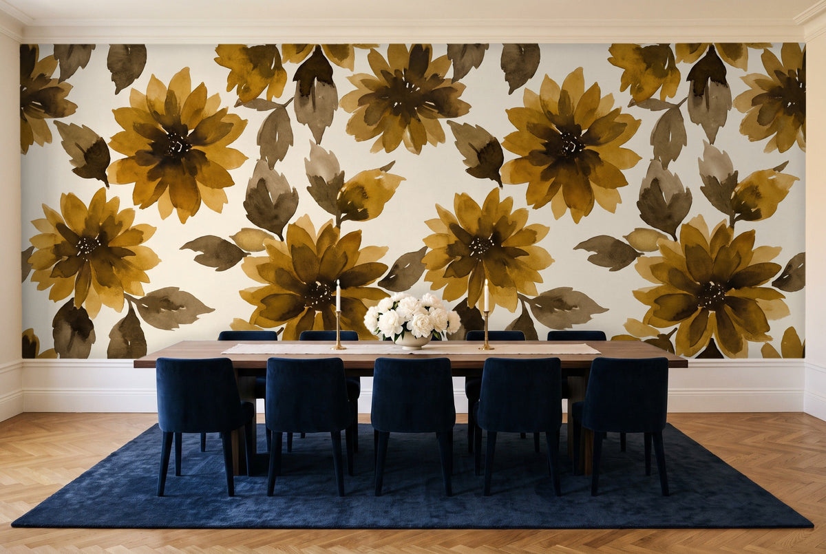 Ochre Dahlia Floral Mural in a dining room
