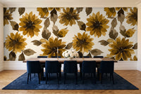 Ochre Dahlia Floral Mural in a dining room