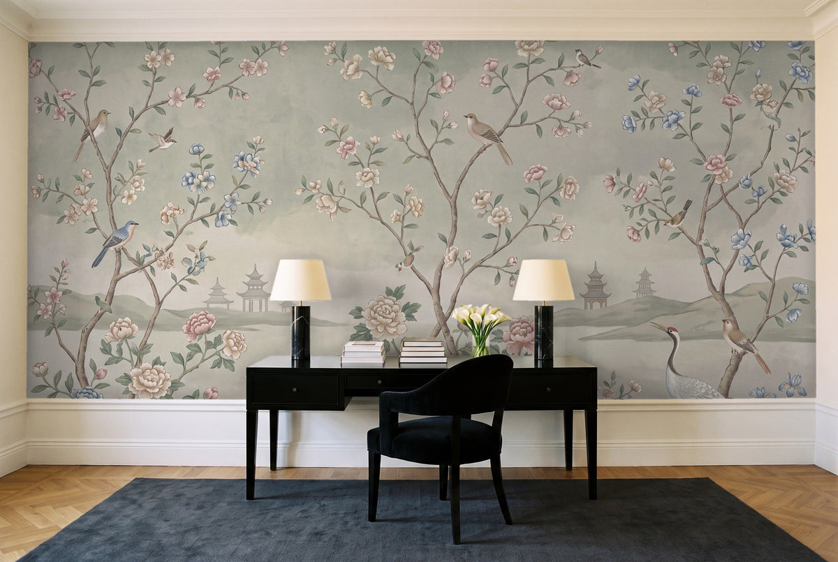 Sage Chinoiserie Garden Chinoiserie Mural in a home office