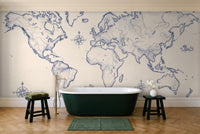 Blue And White World Map Map Mural in a bathroom