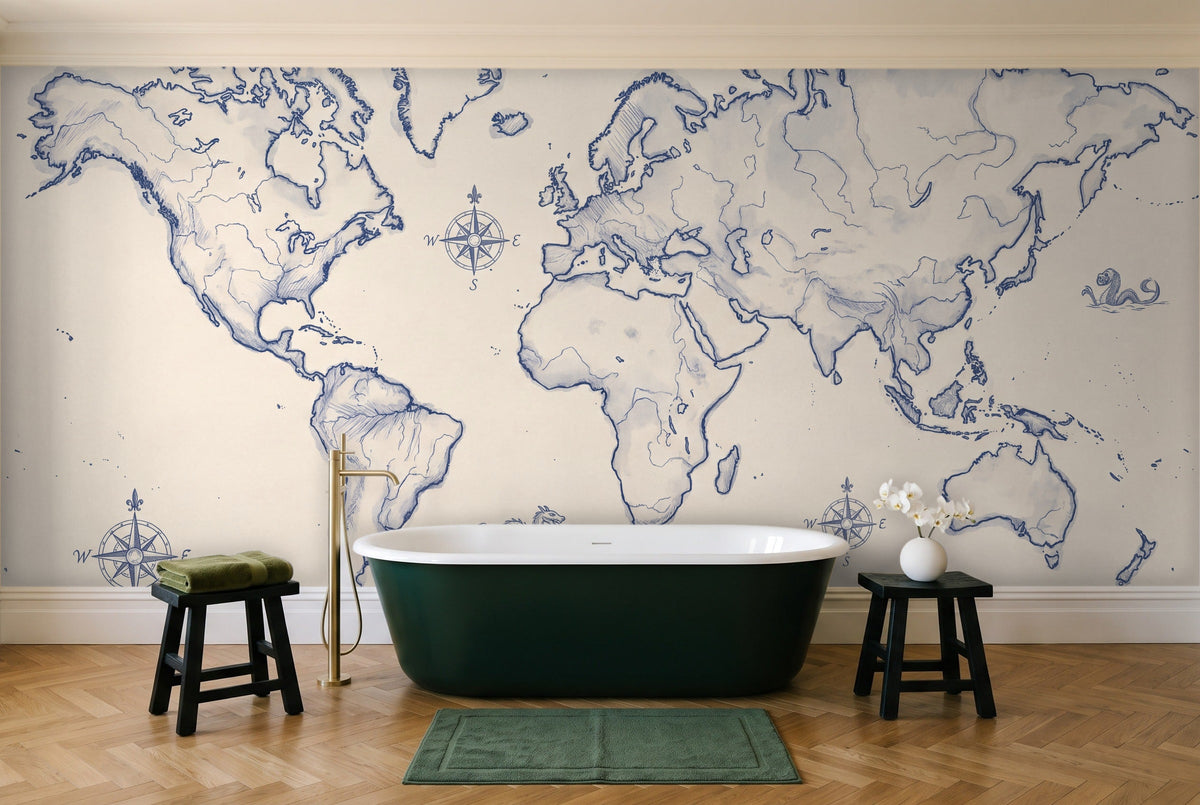 Blue And White World Map Map Mural in a bathroom