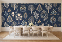 Navy Tree Botanical Mural in a dining room