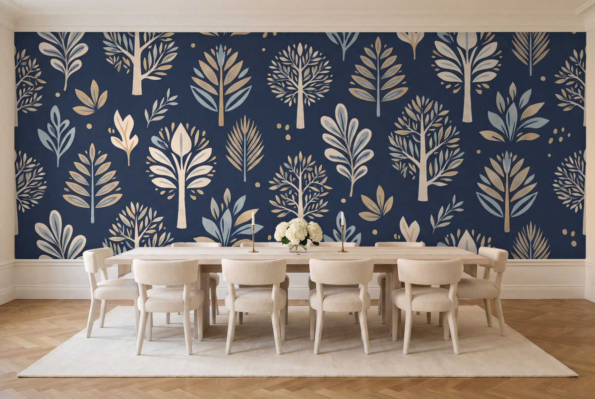 Navy Tree Botanical Mural in a dining room
