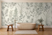 Sage Forest Botanical Mural in a bathroom