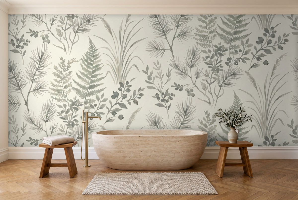 Sage Forest Botanical Mural in a bathroom