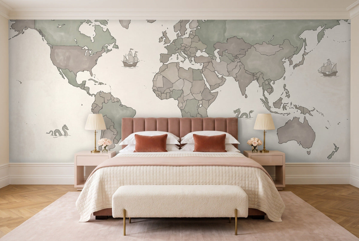 Sage World Map Map Mural in a bedroom