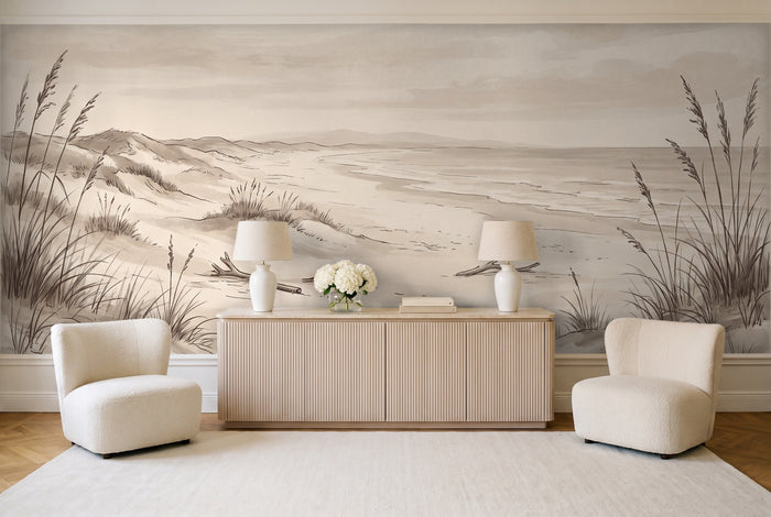 Beige Beach Landscape Mural in a living room